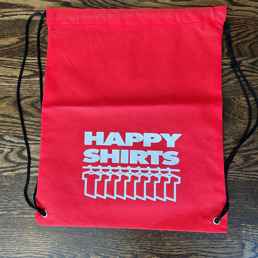 Red Drawstring Bag with Happy Shirts Logo